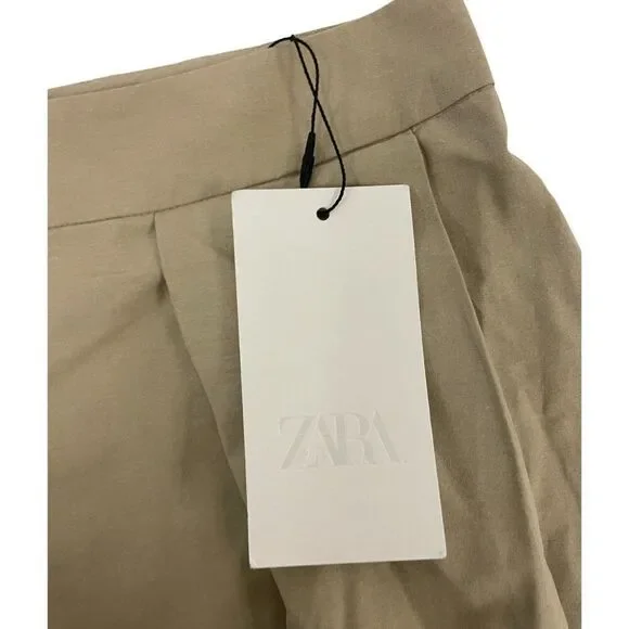 Zara Womens Midi Skirt Small S Tan Brown Cotton Pleated Flared Hem 1971/052 NWD - Picture 4 of 16